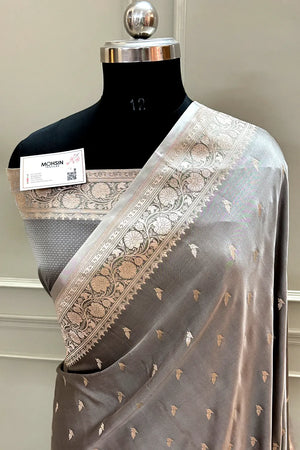 Charcoal Grey Zari Katan Silk Banarasi Saree