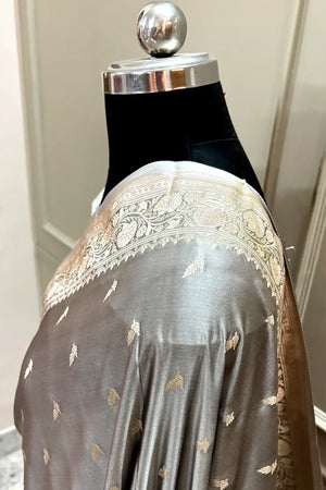Charcoal Grey Zari Katan Silk Banarasi Saree