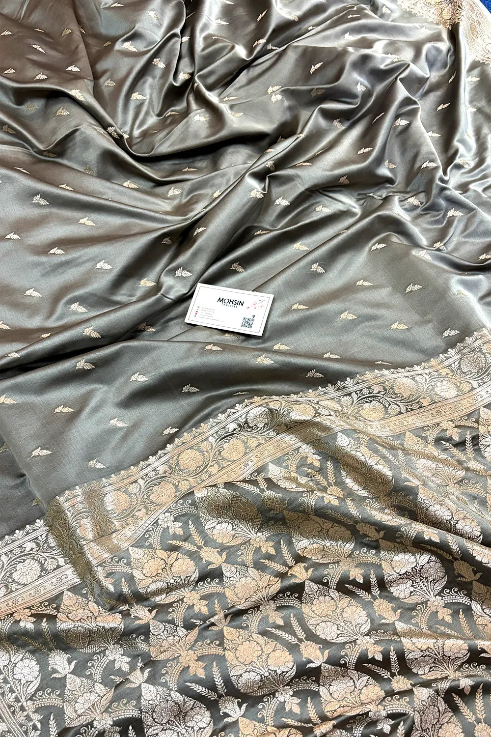 Charcoal Grey Zari Katan Silk Banarasi Saree
