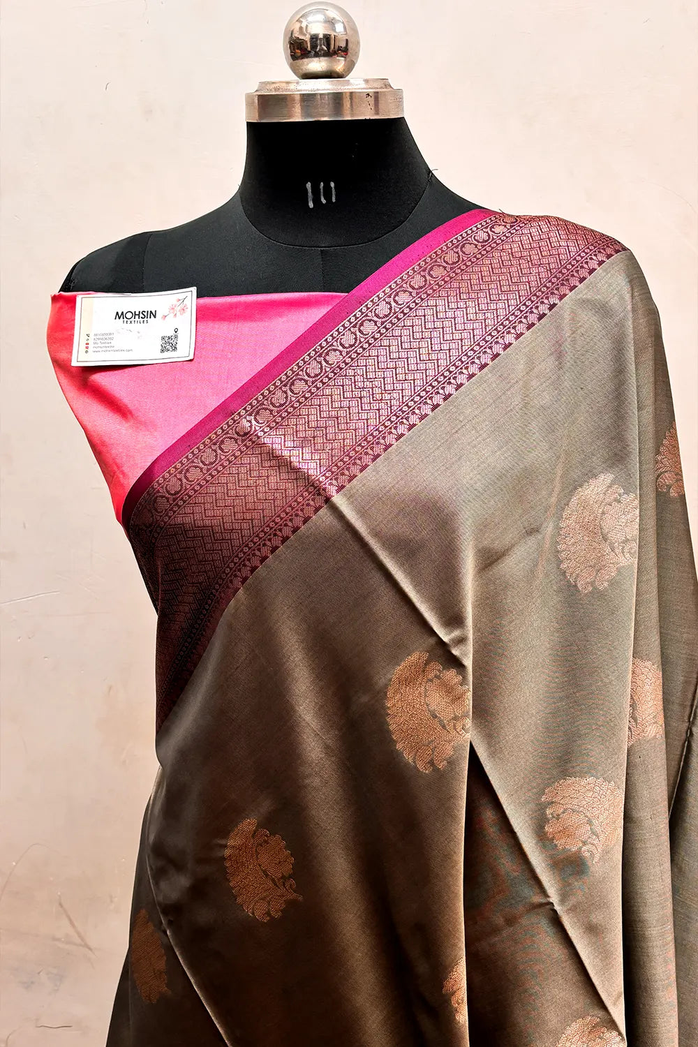 Coral Grey and Pink Zari Semi Katan Silk Banarasi Saree