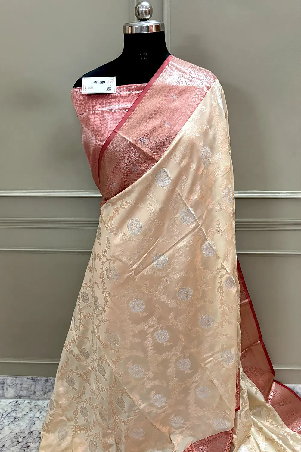 Cream and Red Zari Banarasi Silk Saree