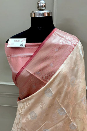 Cream and Red Zari Banarasi Silk Saree