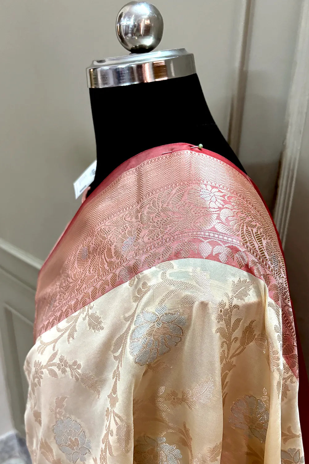 Cream and Red Zari Banarasi Silk Saree