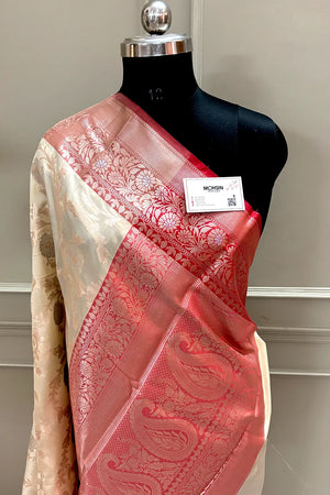 Cream and Red Zari Banarasi Silk Saree