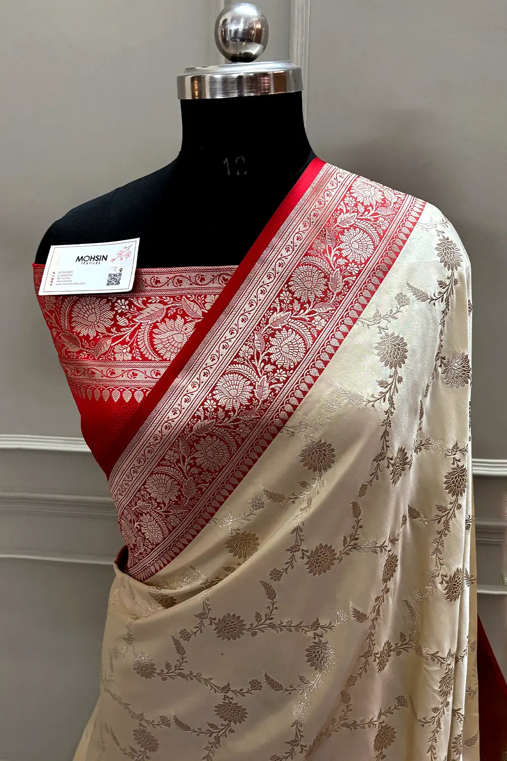 Cream and Red Zari Katan Mashru Silk Banarasi Saree