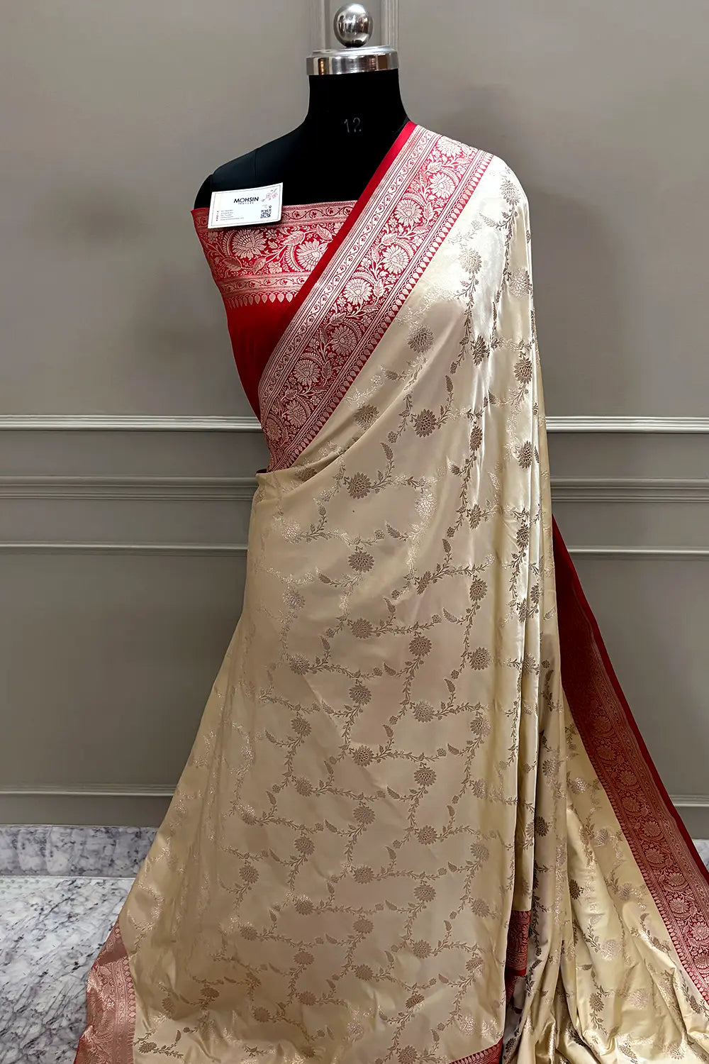 Cream and Red Zari Katan Mashru Silk Banarasi Saree