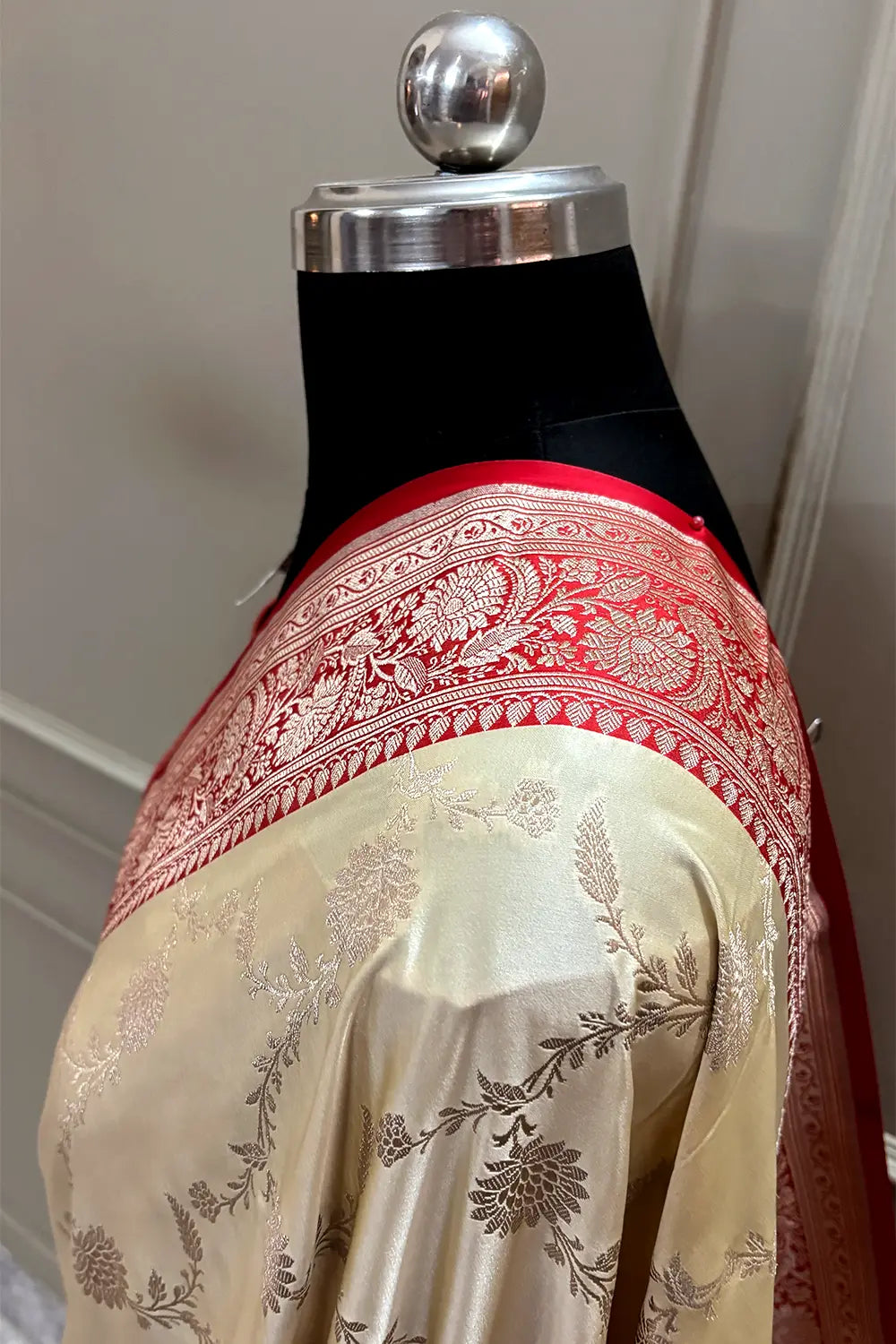 Cream and Red Zari Katan Mashru Silk Banarasi Saree