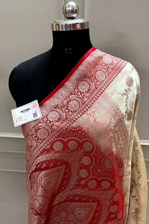 Cream and Red Zari Katan Mashru Silk Banarasi Saree