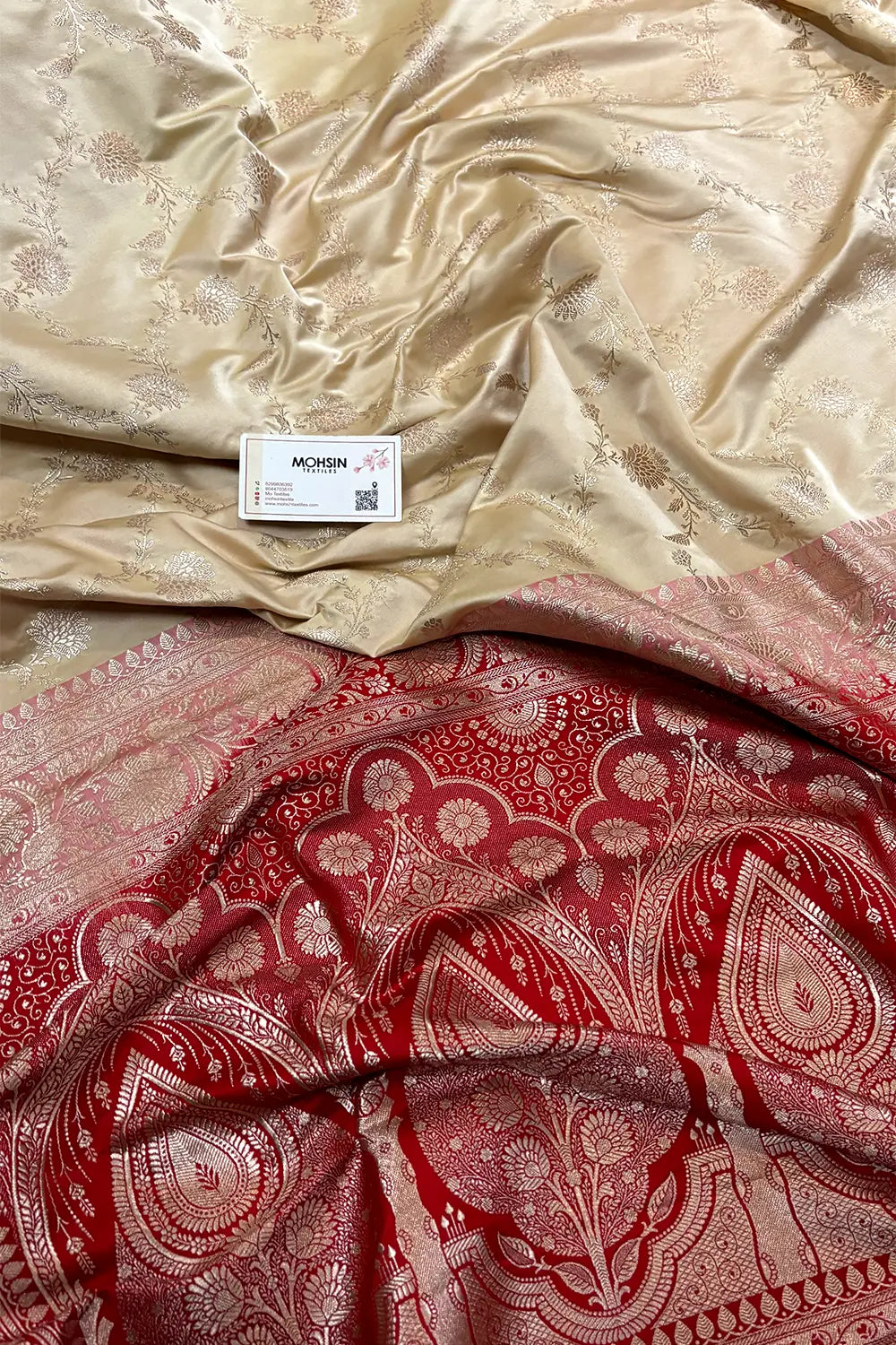 Cream and Red Zari Katan Mashru Silk Banarasi Saree