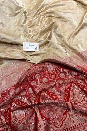 Cream and Red Zari Katan Mashru Silk Banarasi Saree