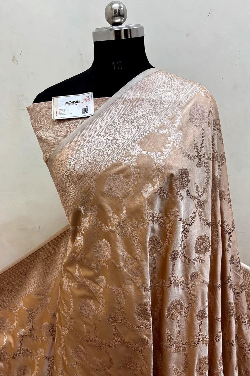 Cream Laabela Jaal Katan Mashru Silk Banarasi Saree