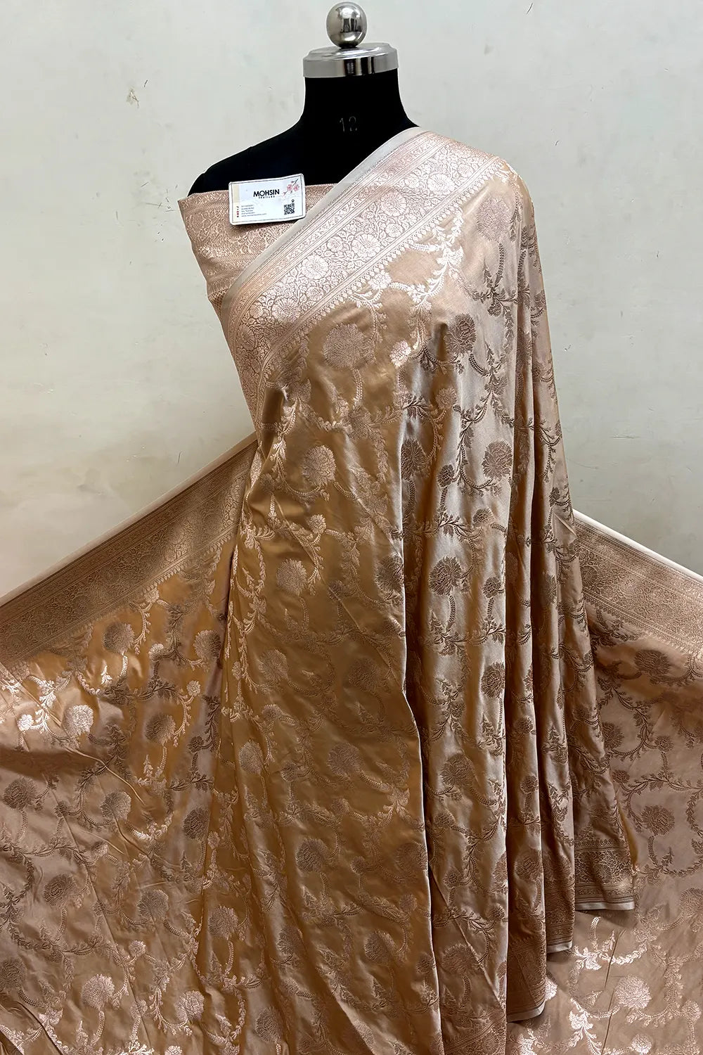 Cream Laabela Jaal Katan Mashru Silk Banarasi Saree