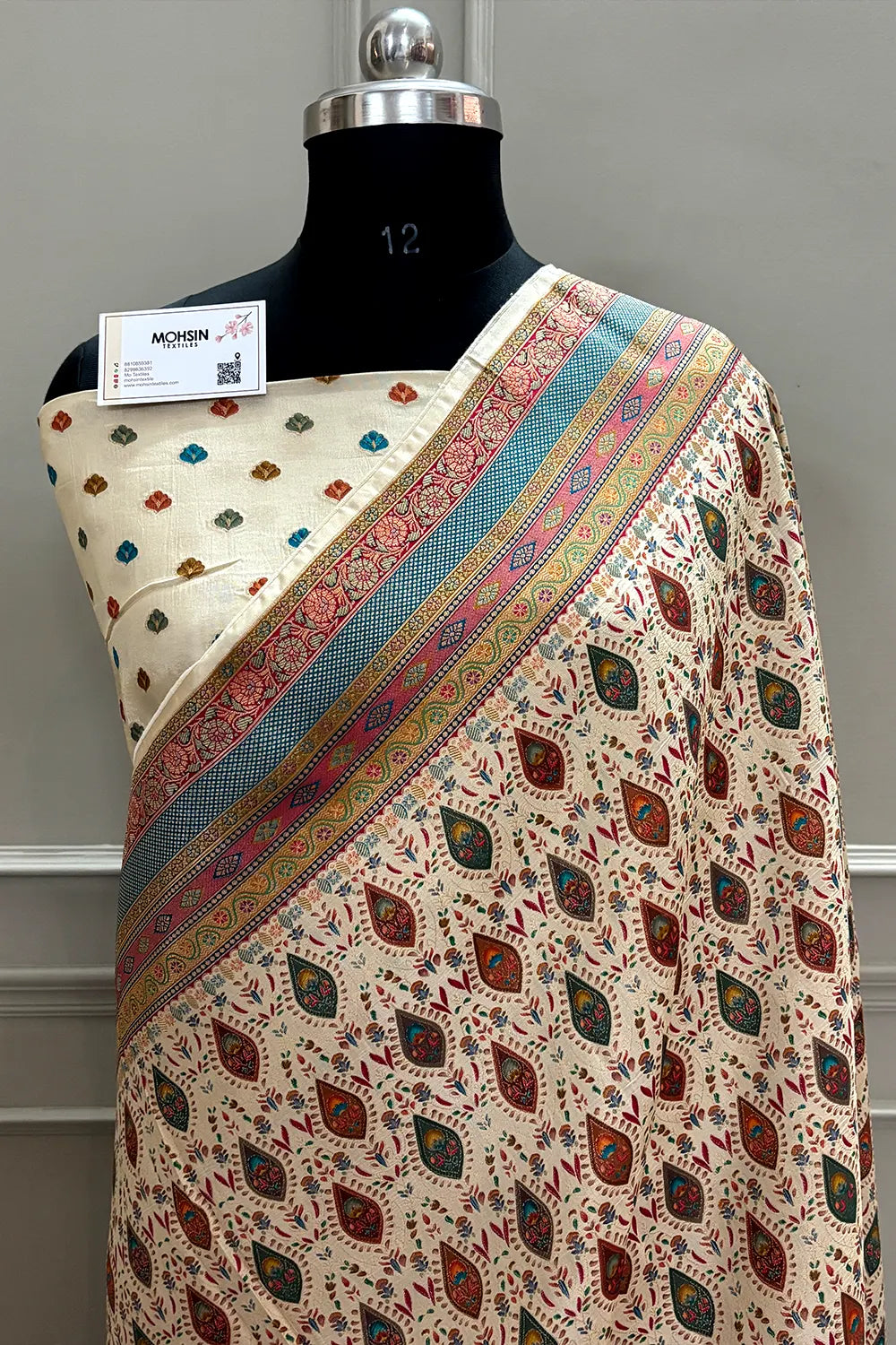 Cream Pashmina Pure Viscose Georgette Silk Banarasi Saree