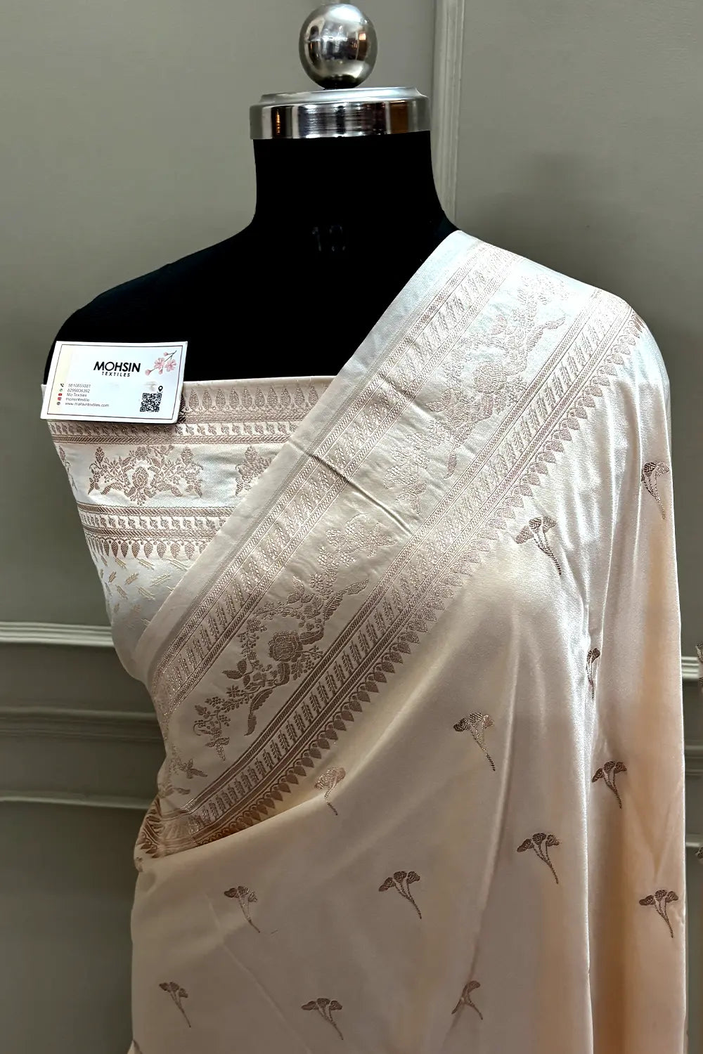 Cream Zari Katan Mashru Silk Banarasi Saree