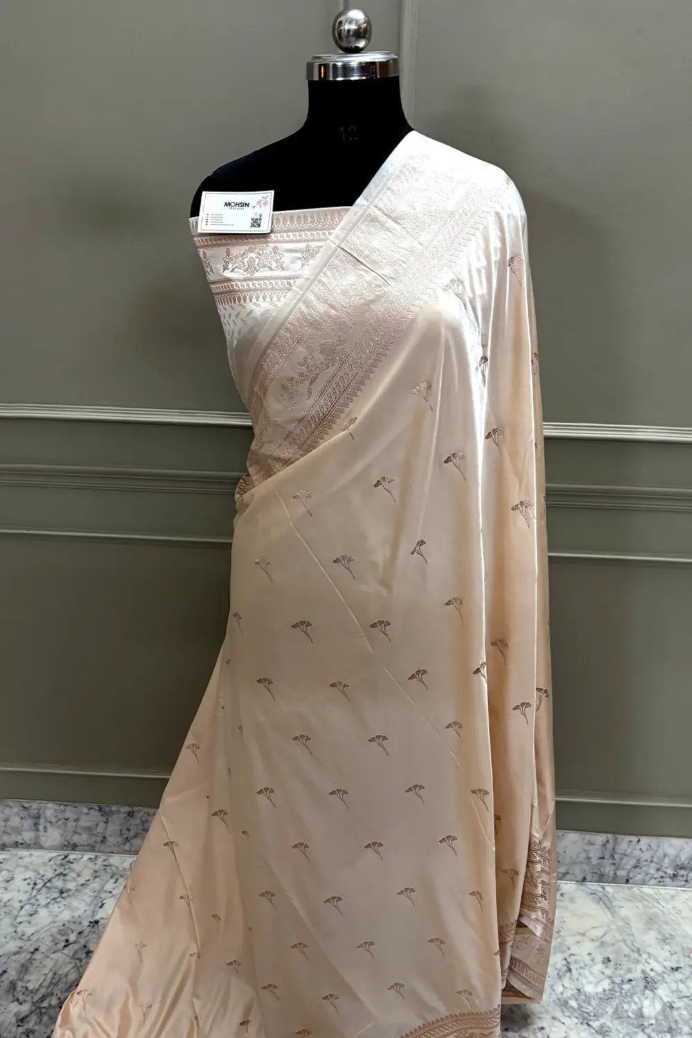 Cream Zari Katan Mashru Silk Banarasi Saree