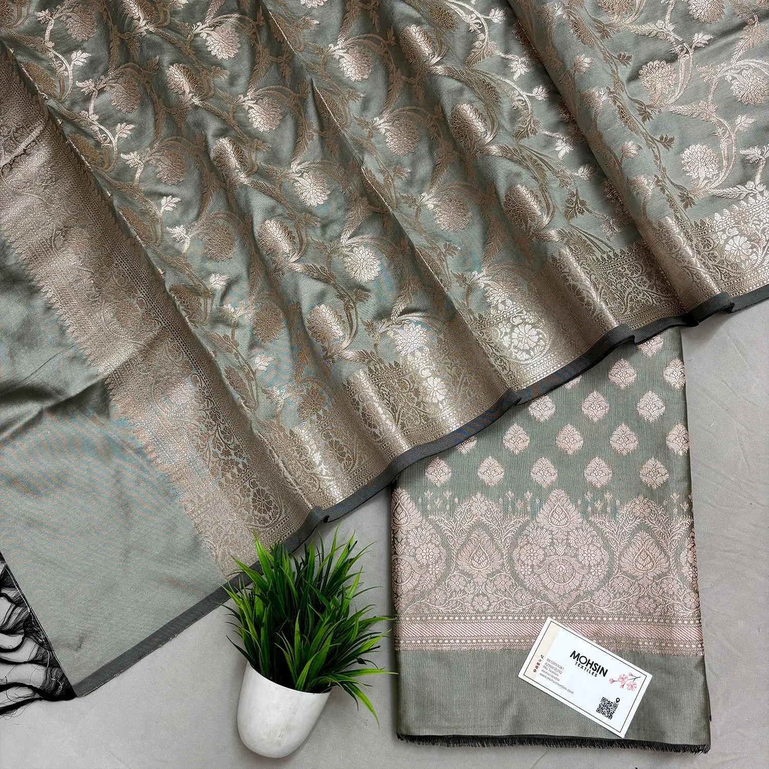 Dark Beige Singhasan Buti Semi Katan Silk Banarasi Suit