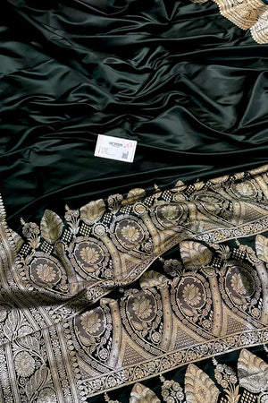 Dark Bottle Green Royal Plain Katan Silk Banarasi Saree