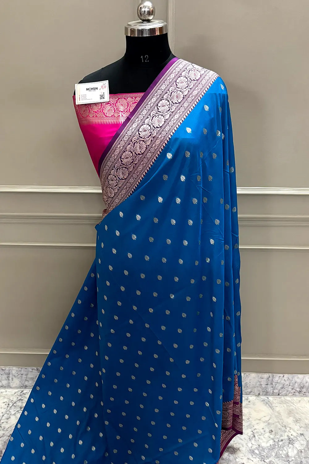 Dark Firozi and Pink Rudraksha Buti Katan Silk Banarasi Saree