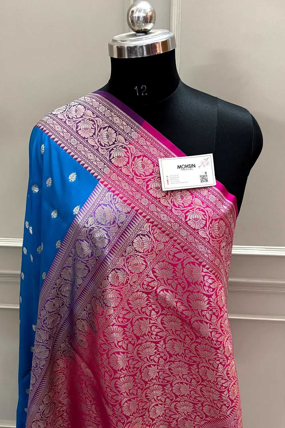 Dark Firozi and Pink Rudraksha Buti Katan Silk Banarasi Saree