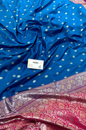 Dark Firozi and Pink Rudraksha Buti Katan Silk Banarasi Saree