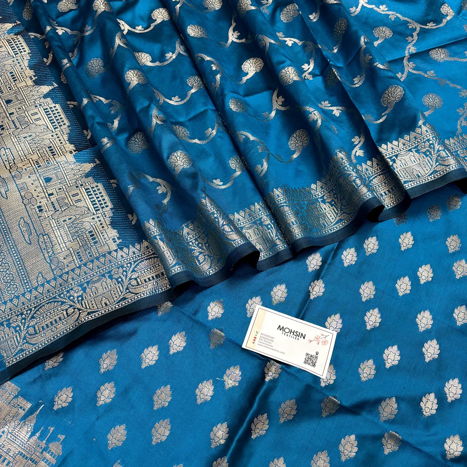 Dark Firozi Assi Ghat Mandir Semi Katan Silk Banarasi Suit