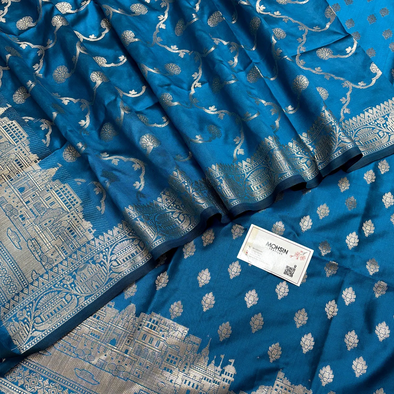 Dark Firozi Assi Ghat Mandir Semi Katan Silk Banarasi Suit