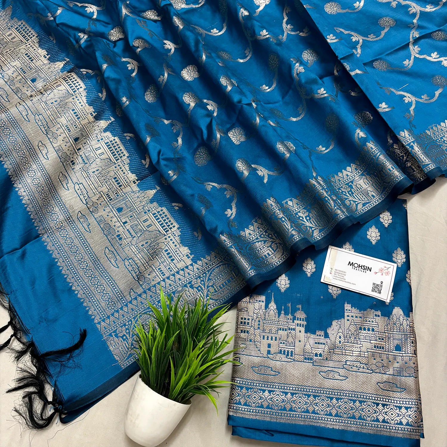 Dark Firozi Assi Ghat Mandir Semi Katan Silk Banarasi Suit