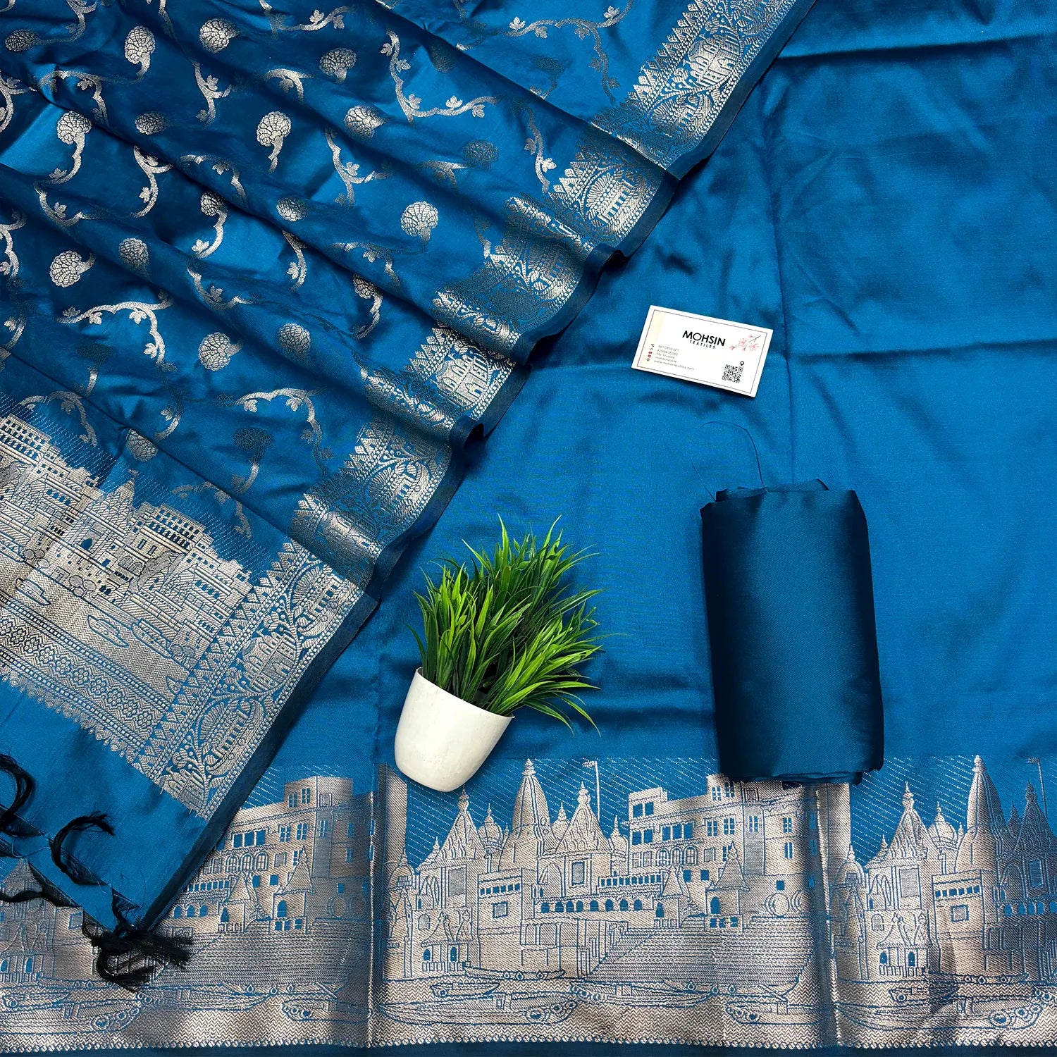 Dark  Firozi Assi Ghat Plain Semi Katan Silk Banarasi Suit
