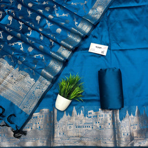 Dark  Firozi Assi Ghat Plain Semi Katan Silk Banarasi Suit