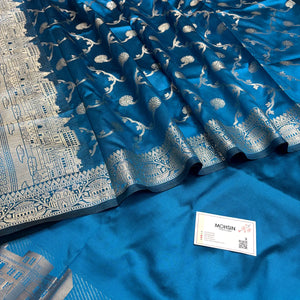 Dark  Firozi Assi Ghat Plain Semi Katan Silk Banarasi Suit