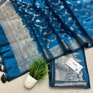 Dark  Firozi Assi Ghat Plain Semi Katan Silk Banarasi Suit