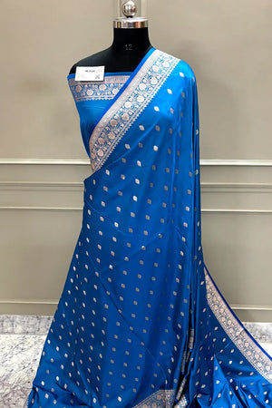 Dark Firozi Flying Buti Katan Silk Banarasi Saree