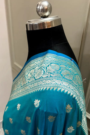 Dark Firozi Ghonga Buti Katan Silk Banarasi Saree