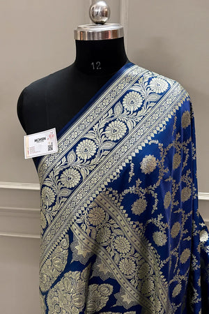 Dark Firozi Murmuri Jaal Katan Satin Silk Banarasi Saree
