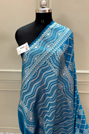 Dark Firozi Pie Jaal Katan Silk Banarasi Saree