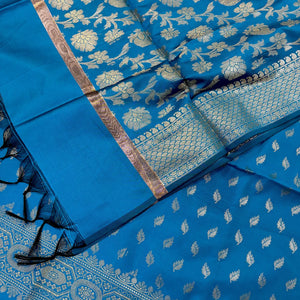 Dark Firozi Sunehri Pankh Satin Silk Banarasi Suit