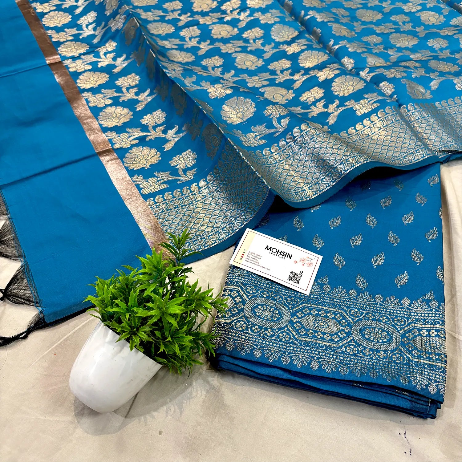 Dark Firozi Sunehri Pankh Satin Silk Banarasi Suit