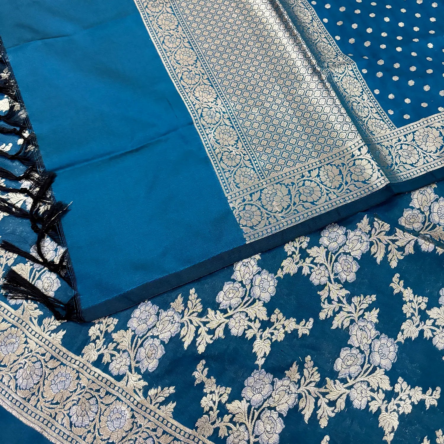 Dark Firozi Zari Katan Silk Banarasi Suit