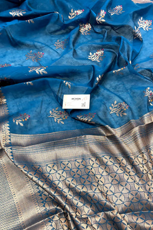 Dark Firozi Zari Resham Banarasi Silk Saree