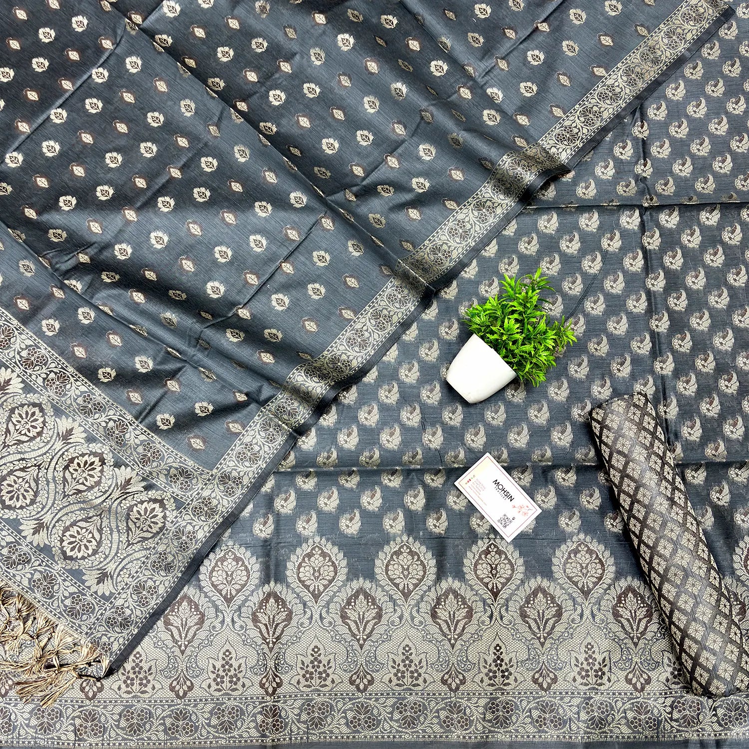 Dark Grey Mogambo Buti Cotton Silk Banarasi Suit