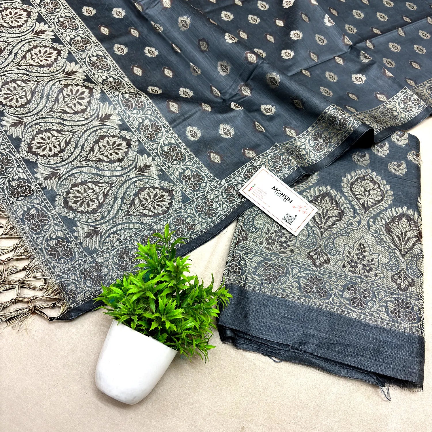 Dark Grey Mogambo Buti Cotton Silk Banarasi Suit