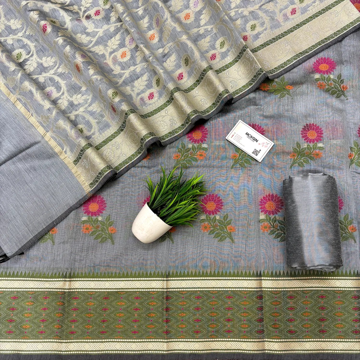 Dark Grey Resham Banarasi Silk Suit