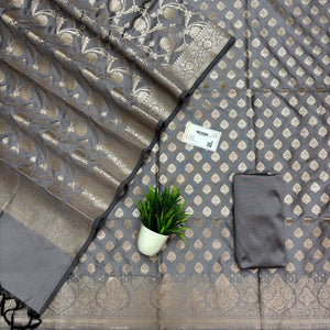 Dark Grey Singhasan Buti Semi Katan Silk Banarasi Suit