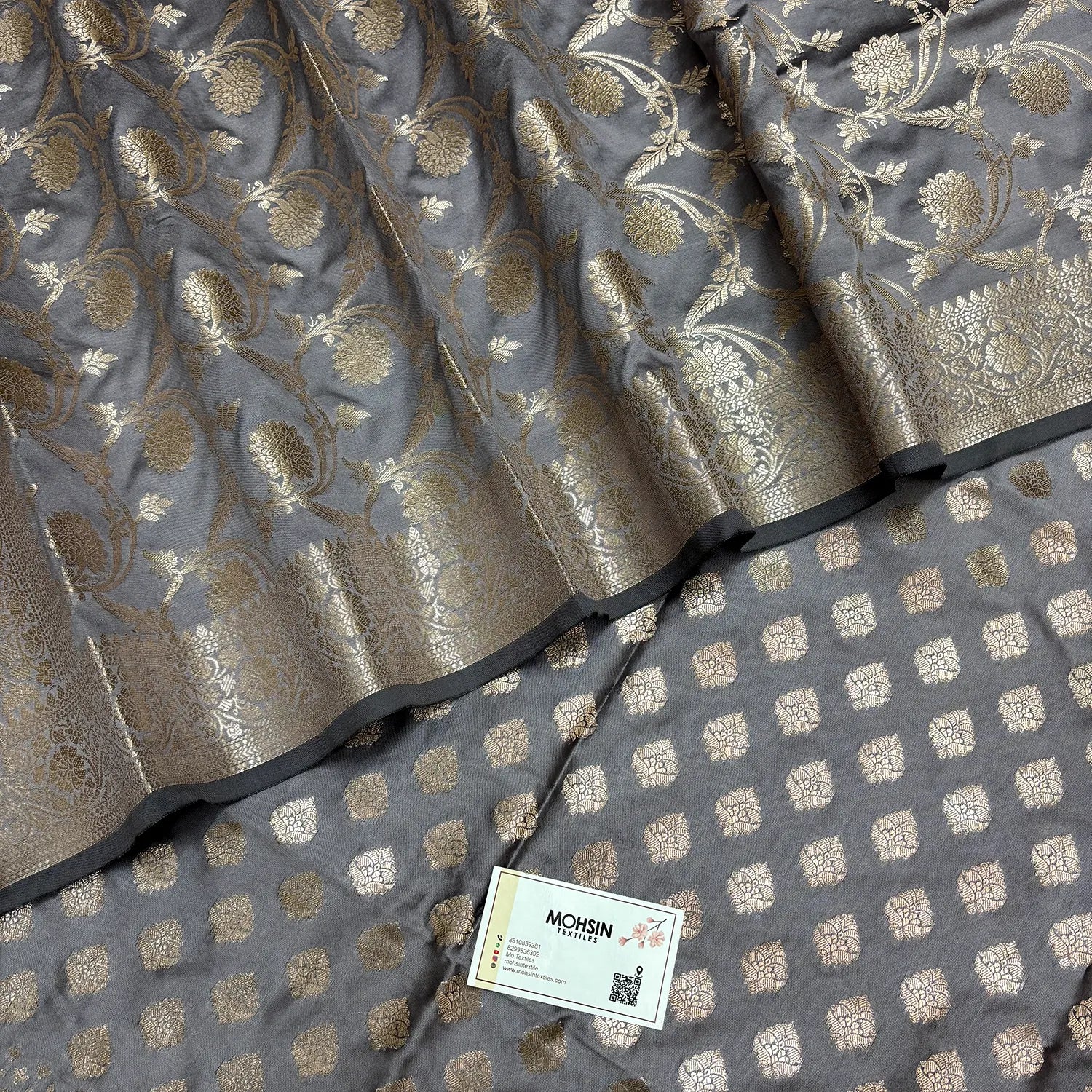 Dark Grey Singhasan Buti Semi Katan Silk Banarasi Suit