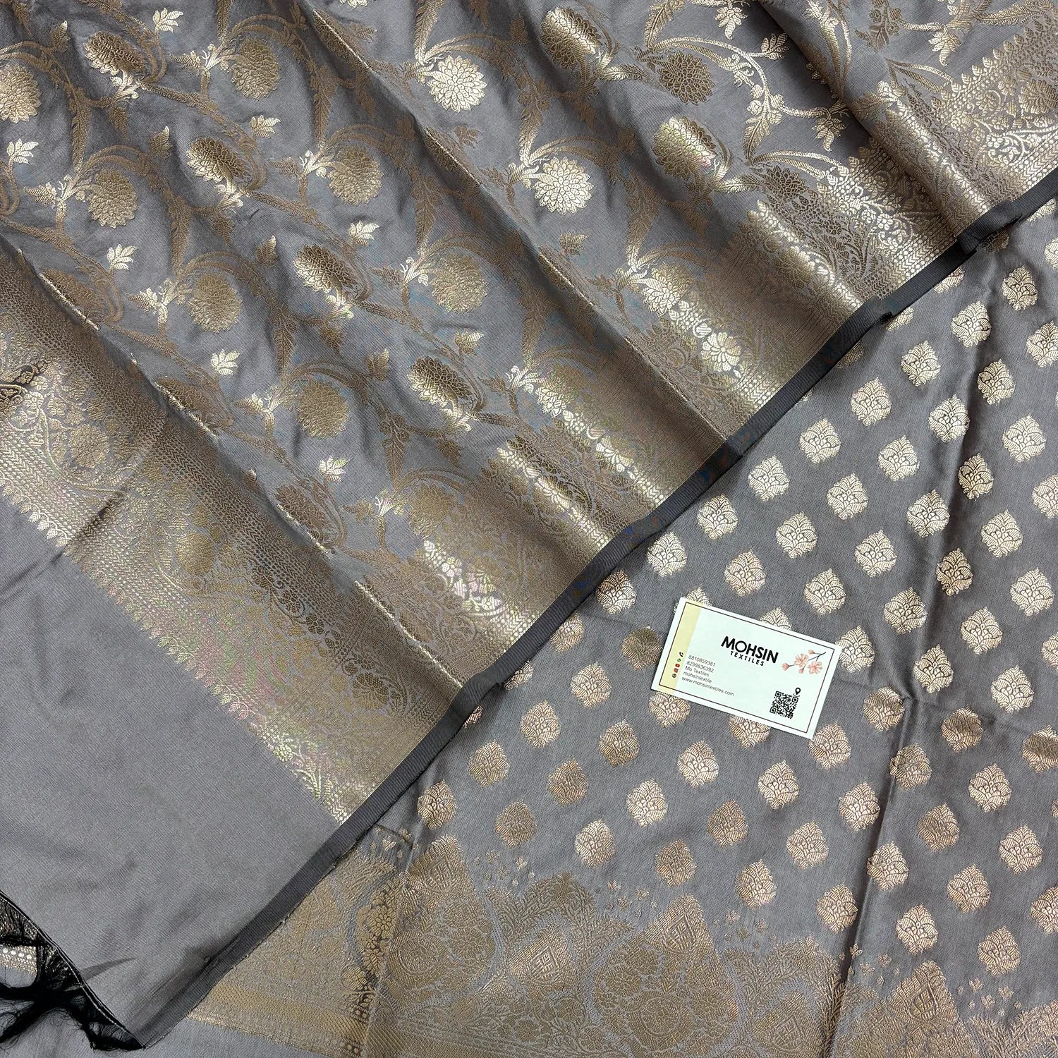 Dark Grey Singhasan Buti Semi Katan Silk Banarasi Suit