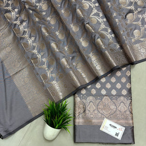 Dark Grey Singhasan Buti Semi Katan Silk Banarasi Suit