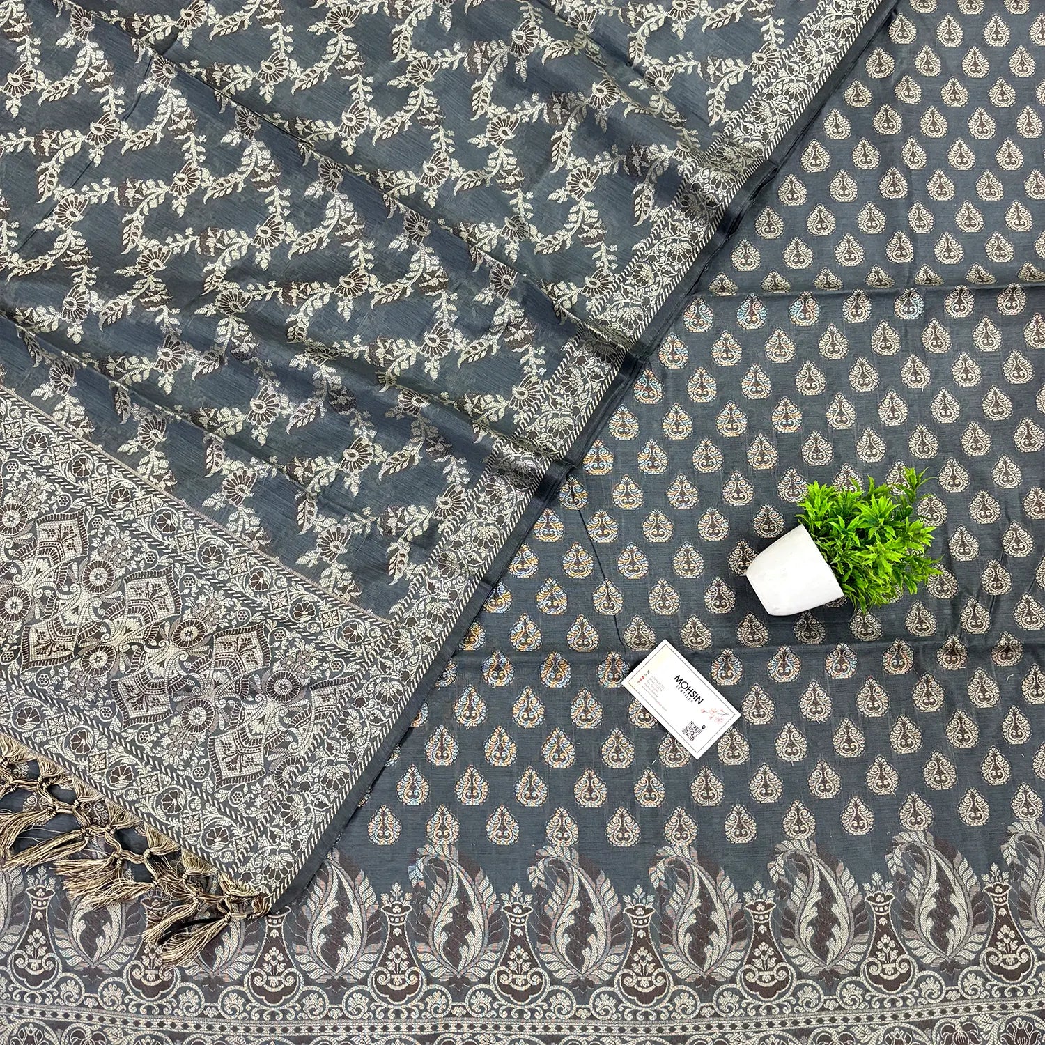 Dark Grey Surahi Buti Cotton Silk Banarasi Suit 