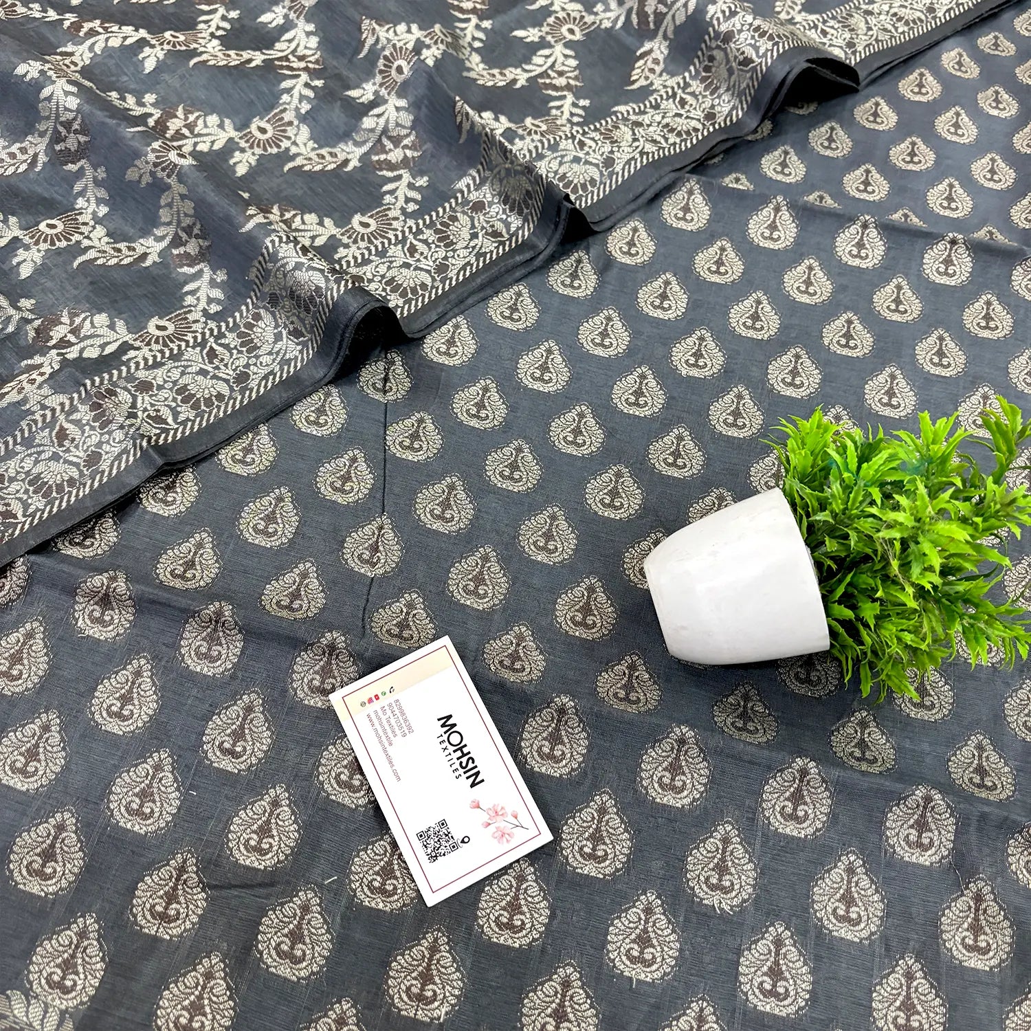 Dark Grey Surahi Buti Cotton Silk Banarasi Suit 