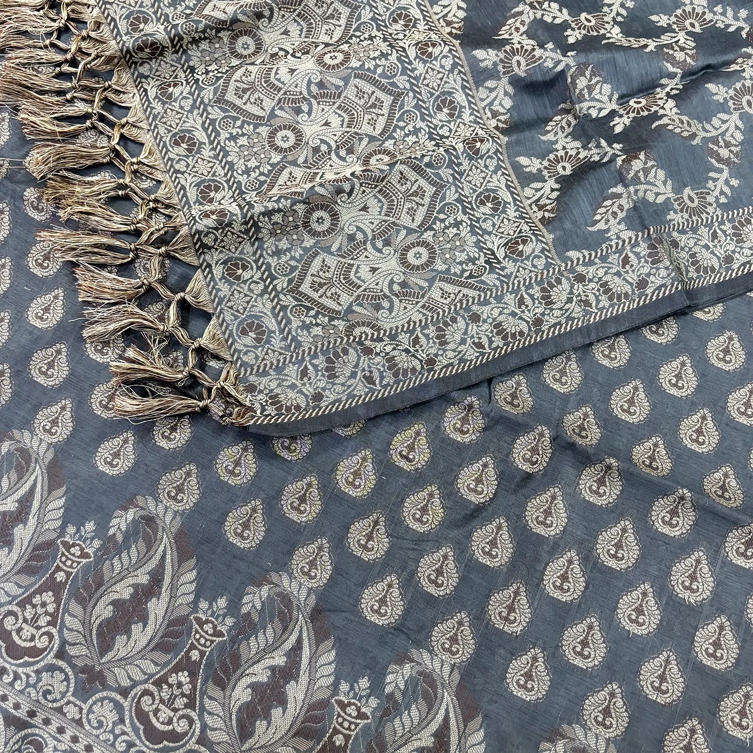 Dark Grey Surahi Buti Cotton Silk Banarasi Suit 