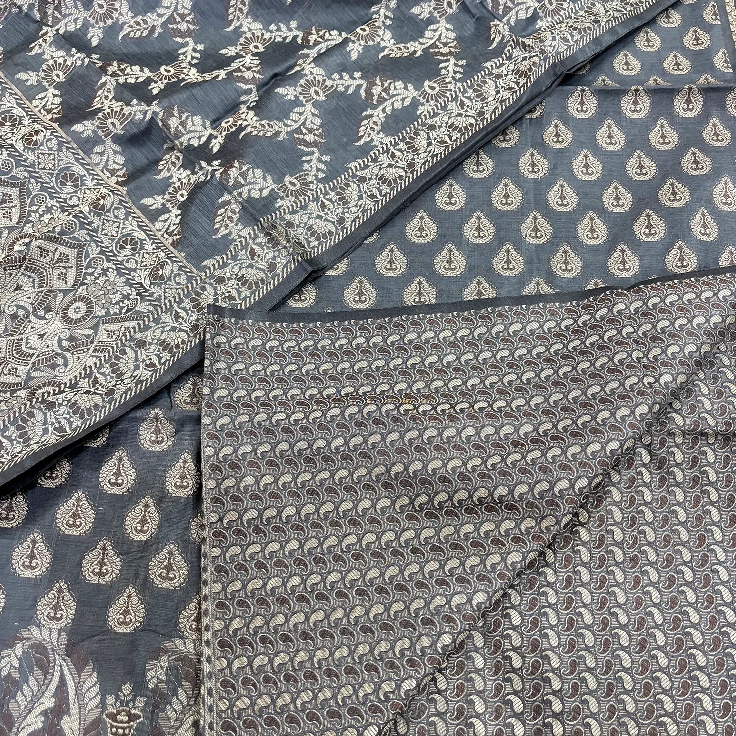 Dark Grey Surahi Buti Cotton Silk Banarasi Suit 